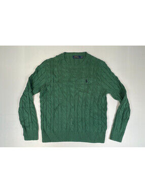Polo Ralph Lauren Men Green Cable Knit Cotton Crewneck Sweater Size S